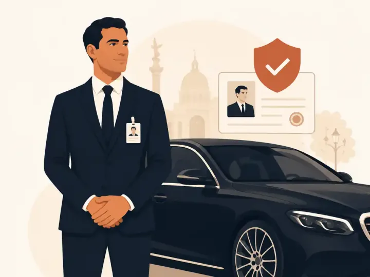 Chauffeur in a suit wearing his professional badge beside his sedan