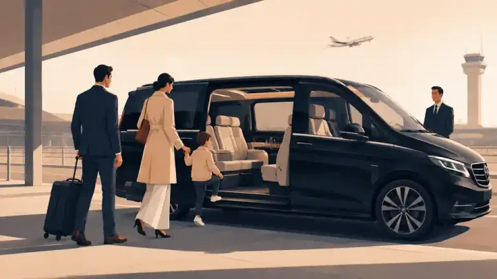 Vamo Van: van with its doors open on lounge seats, couple boarding at the airport
