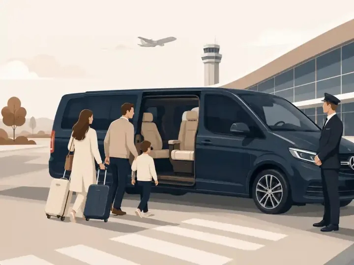 Family with children and suitcases boarding a van at the airport, driver holding the door